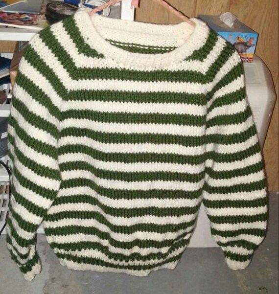 White Green Striped Sweater with A Neck for Women 34