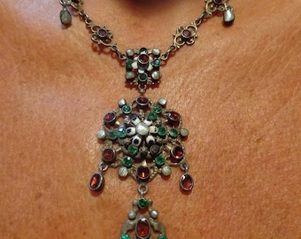 Fabulous Antique Victorian Austro Hungarian Garnet Necklace with Enamelled Flowers