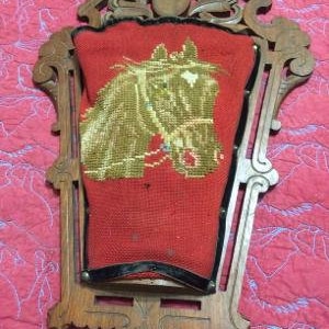 Rare Antique Vintage Victorian Needlepoint Wall pocket Horse Head Motif  Equestrian Decor