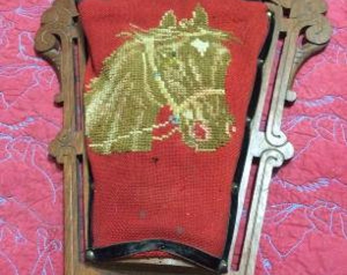Rare Antique Vintage Victorian Needlepoint Wall pocket Horse Head Motif  Equestrian Decor
