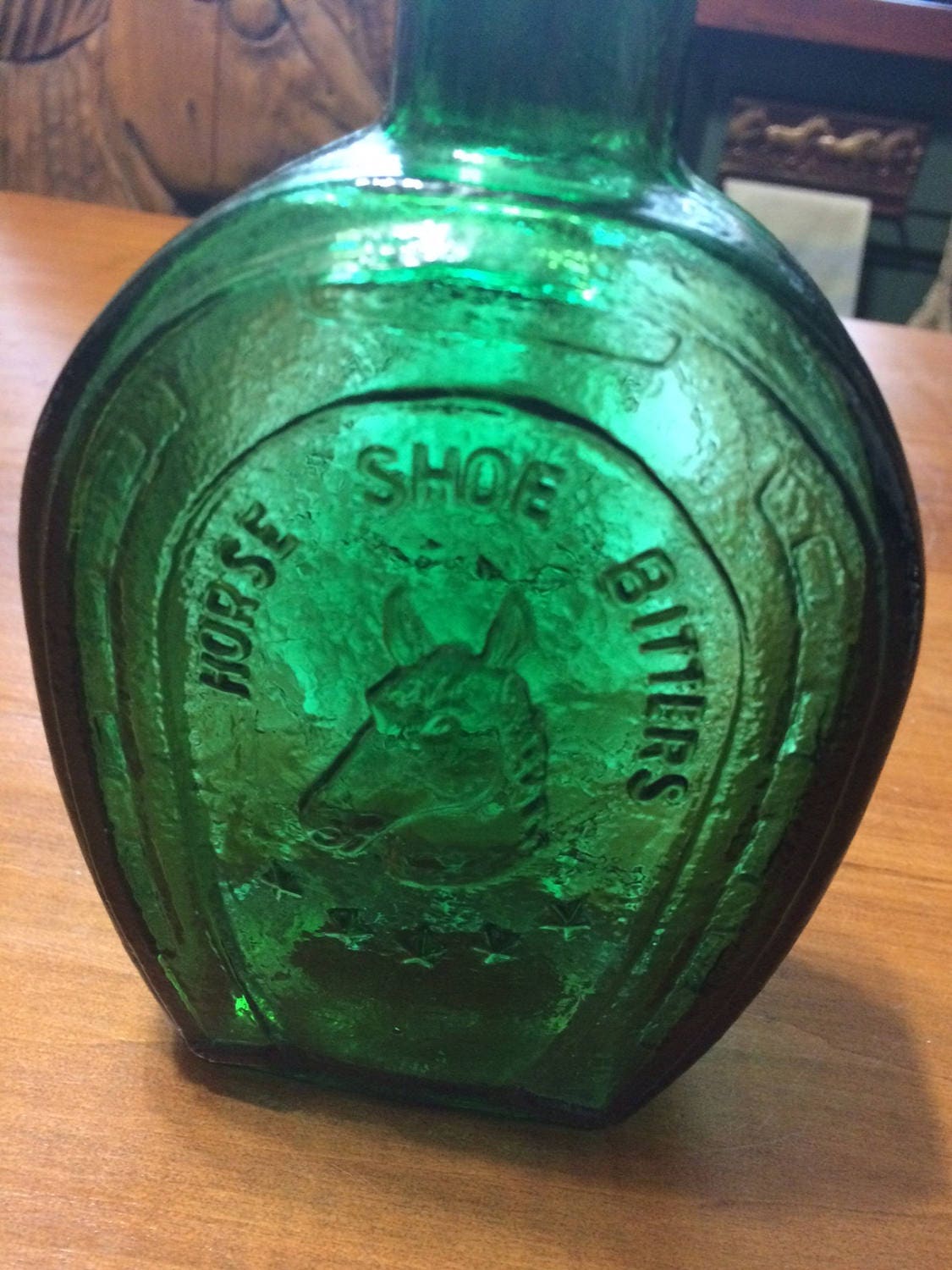 Antique Apothecary Green Glass Embossed Medicine Bottle with Horse Head