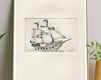 Etching Original Engraving BOAT. Etching SHIP pirate ship. Engraving print