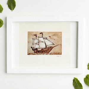 Original Etching BARCO IV. Etching SHIP pirate ship. Engraving print Aquatint
