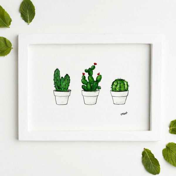 Acuarela Original CACTUS , ilustración Pintura CACTUS tamaño A4, Acuarela 3 Cactus, Cactus con Flor Home Deco