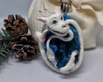 Falkor Dragon, White Dragon necklace, Sterling pendant, Polymer clay Dragon with Agate stone and silver chain, The Never Ending Story