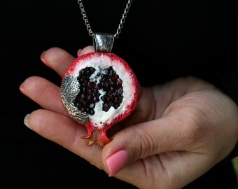 Pomegranate pendant, Pomegranate silver pendant, luxury polymer clay jewelry for ladies, exlusive pendant gift