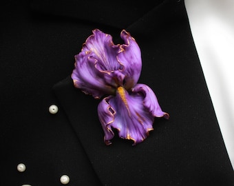 Purple Iris flower brooch ~ Iris art pin brooch ~ flower polymer clay jewelry