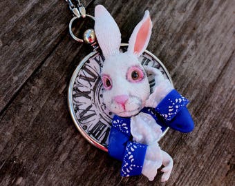 White Rabbit necklace, miniature Alice in Wonderland, silver watch, polymer clay rabbit on silver chain, handmade exclusive starling jewelry