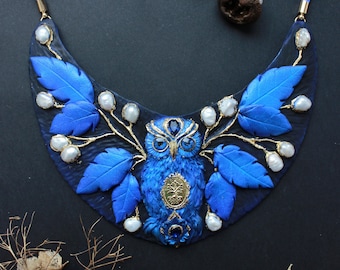 Designer necklace with blue owl ~ exclusive handmade jewelry