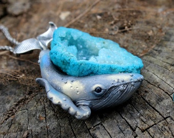 Whale pendant with the natural gemstone, polymer clay whale pendant, silver jewelry gift for stylish ladies, exclusive sea jewelry