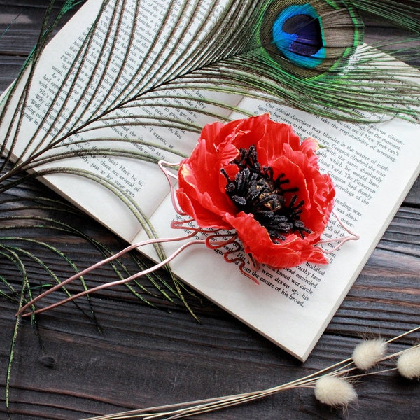 Épingle à cheveux coquelicot rouge, accessoires pour cheveux fleurs, coquelicot porcelaine froide, épingle à cheveux en cuivre faite main