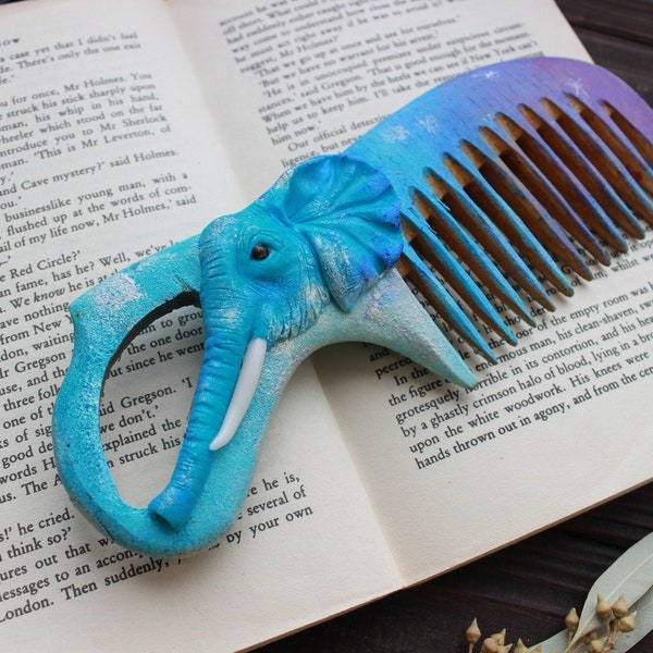 Wooden Hair Comb, Fine tooth or Wide tooth, Hair Comb with Elephant, Wooden Hair Comb with polymer clay miniature, Hair Comb gift