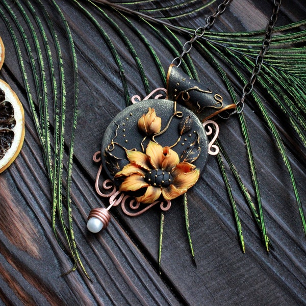 Sunflowers necklace, art jewelry made of polymer clay, handmade necklace with yellow flowers