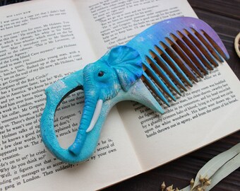 Elephant Wooden Hair Comb: Polymer Clay Miniature, Gift Comb