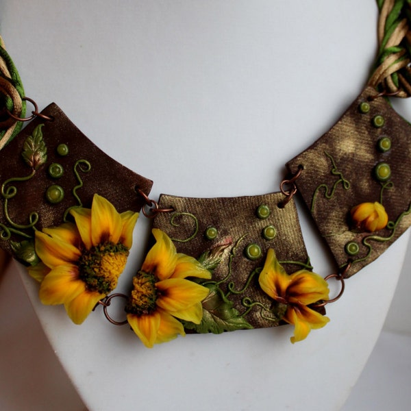 Polymer clay necklace Statement Necklace Unique necklace Large  flower necklace Sunflower jewelry Artisan necklace Handmade