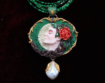 Josephine vintage necklace ~ Polymer clay sculpture woman ~ Exclusive art jewelry