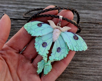 Luna moth necklace, Polymer clay necklace, lime-green jewelry, handmade luna moth pendant with silver