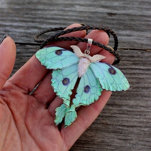 Luna moth necklace, Polymer clay necklace, lime-green jewelry, handmade luna moth pendant with silver