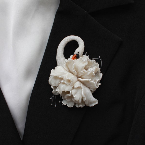 White Swan Brooch: Polymer Clay Floral Design Jewelry