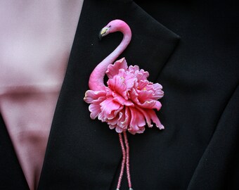 Fantastic pink flamingo brooch with peonies