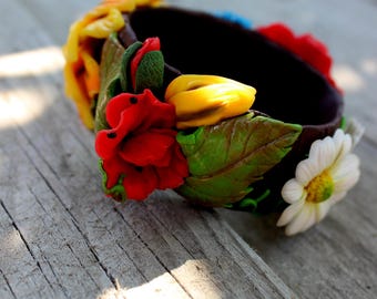Polymer clay Bracelet, flowers bracelet, polymer clay flawers, Ukrainian style, boho jewelry, fimo, polymer clay jewelry