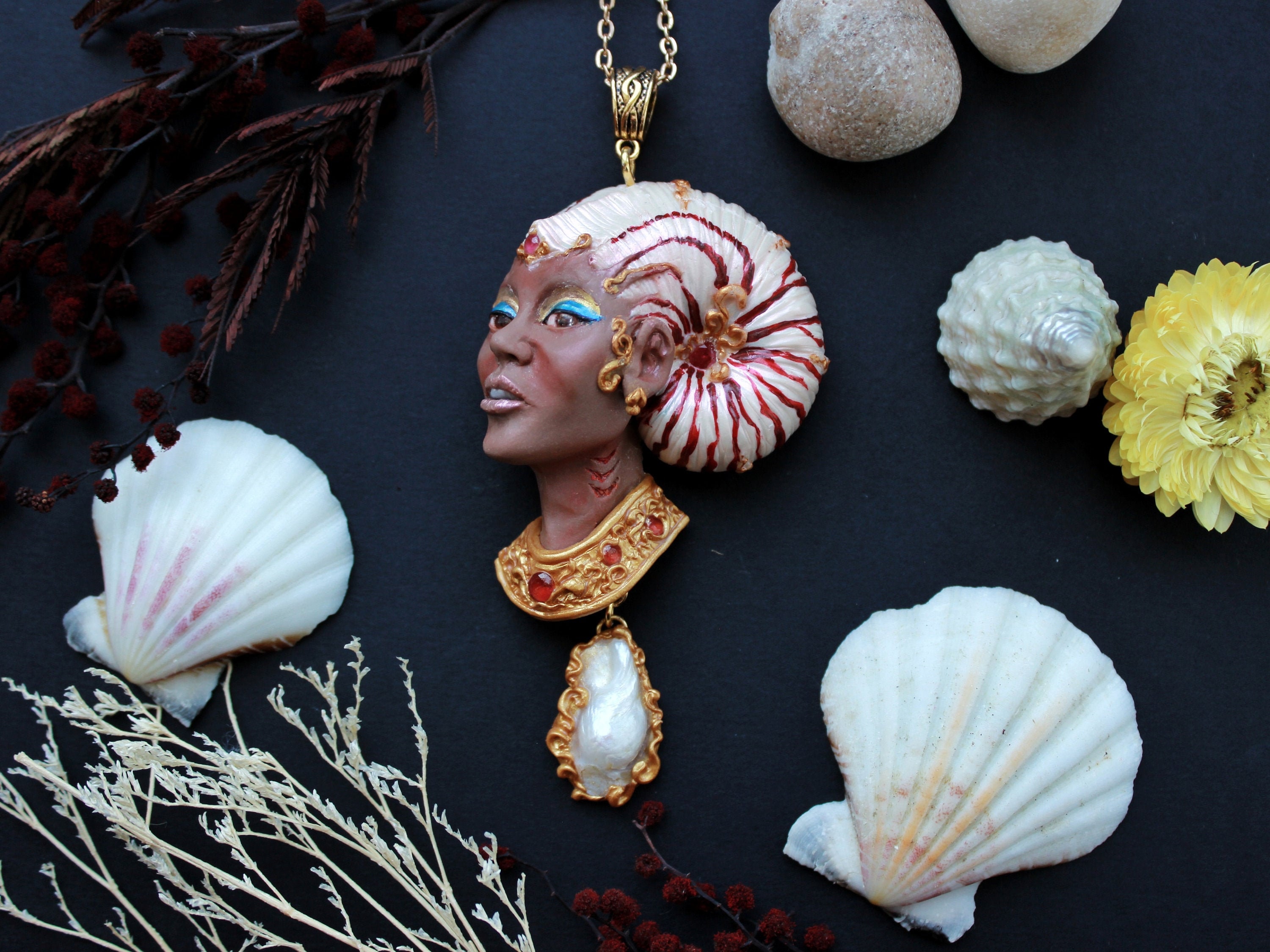 Queen of Nautilus Pendant: Polymer Clay Amulet with Pearl & Rubies
