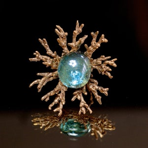 Golden Bronze Coral Ring: Blue Lagoon Art Deco Jewelry, US 8