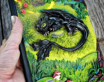 Handmade notebook and pen, notepads, polymer clay dragon notebook, polymer clay dragon pen, black dragon, birthday gift