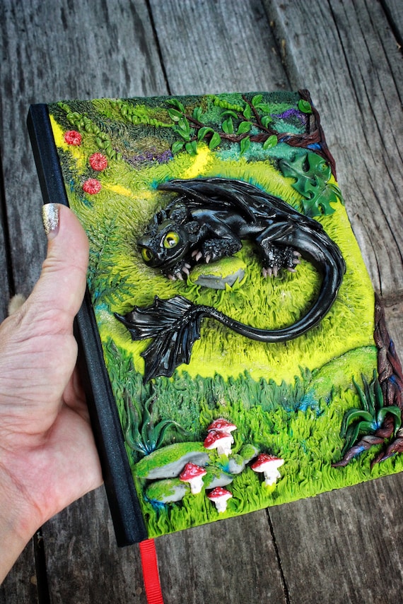 Handmade Polymer Clay Dragon Notebook & Pen Set - Black Dragon