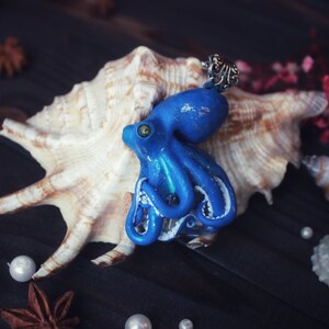 Blue octopus ~ octopus pendant ~ octopus sculpture jewelry ~ art jewelry ~ octopus with glass bottle