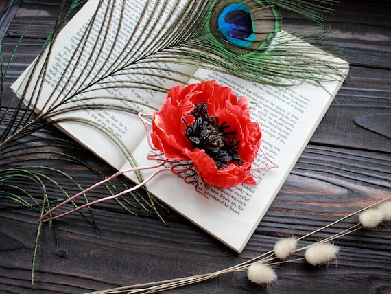 Handmade Red Poppy Hairpin: Cold Porcelain Flower, Copper 