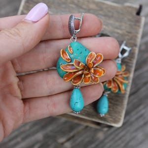 Sterling earrings, polymer clay flowers, floral earrings, silver 925 jewelry with natural Turquoise Stone