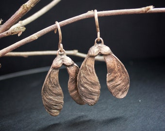 Maple Samara Seed Earrings - Medium Samaras - Dangle Earrings - Helicopter Maple Seeds - Bronze