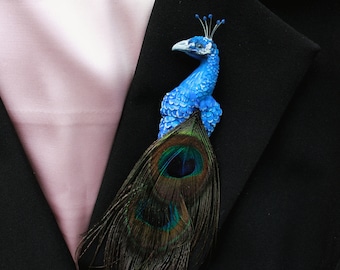 Peacock brooch ~ art brooch ~ polymer clay with natural feathers ~ handmade brooch