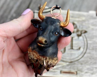 Bull pendant, Taurus gold pendant - polymer clay the head of the Bull pendant with the Amethyst Crystal , exclusive unisex gift