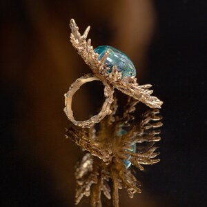 Fabulous ring Blue Lagoon Art deco Ring Big Golden bronze ring Summer jewelry image 3