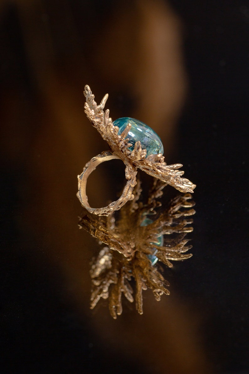 Fabulous ring Blue Lagoon Art deco Ring Big Golden bronze ring Summer jewelry image 3