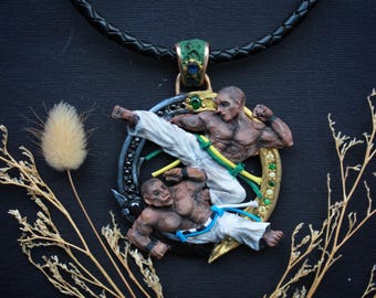 Capoeira Pendant Necklace – Martial Arts Jewelry, Handmade Bronze Pendant with Fighters, Strength & Freedom Symbol