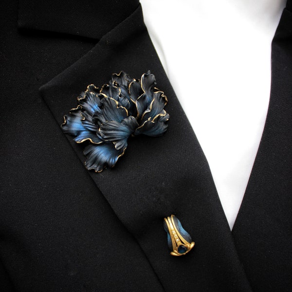 Elegant Black Peony brooch ~ Flower pin brooch ~ Designer peony Boutonniere