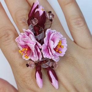 Pink Sakura ring, polymer clay sakura ring, cherry blossom flowers Ring, adjustable sakura ring, spring flowers ring