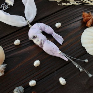 Shrimp pendant, handmade prawn jewelry, art jewelry from polymer clay, natural amethyst and pearls, summer jewelry