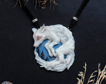 Kitsune necklace, traditional Japanese folklore, polymer clay jewelry