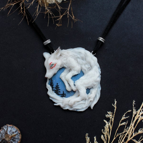 Kitsune necklace, traditional Japanese folklore, polymer clay jewelry