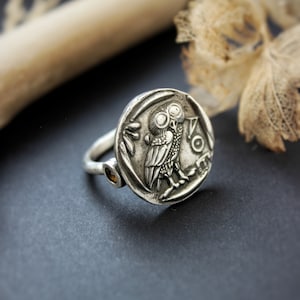 Owl of Athena ring ~ Designer metal ring with citrine ~ Ancient Greece ring