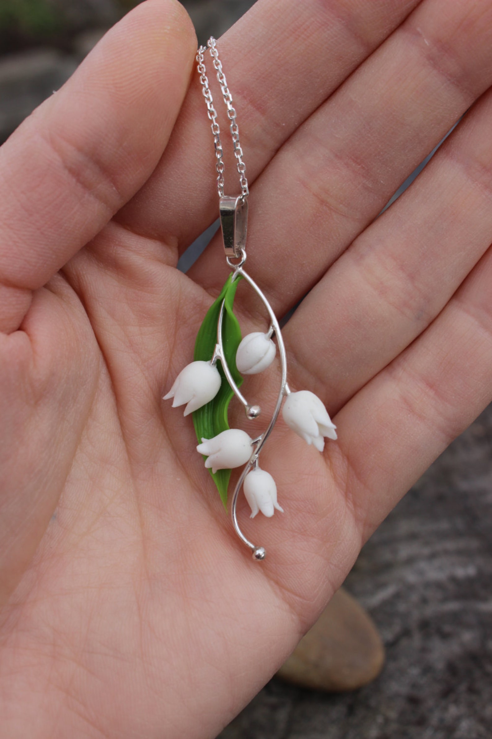 Silver anniversary necklace pendant. Fimo Lily of the Valley. Polymer clay jewelry. Miniature necklace. Succulent plant Jewelry gift