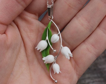 Silver anniversary necklace pendant. Fimo Lily of the Valley. Polymer clay jewelry. Miniature necklace. Succulent plant Jewelry gift