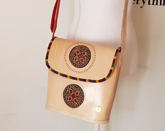 Embroidered Leather Crossbody Bag: Boho Beige Shoulder Bag by Tarini