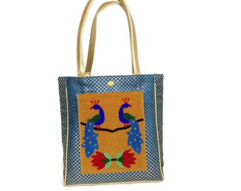 Blue Boho Tote: Vegan Beaded Peacock Shoulder Bag