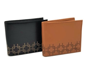 Etched Leather Wallet: Greek Pattern, Slim RFID Blocking - Black or Brown
