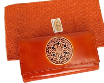 Orange Mandala Leather Wallet for Women, Hand-Painted Credit Card Clutch
